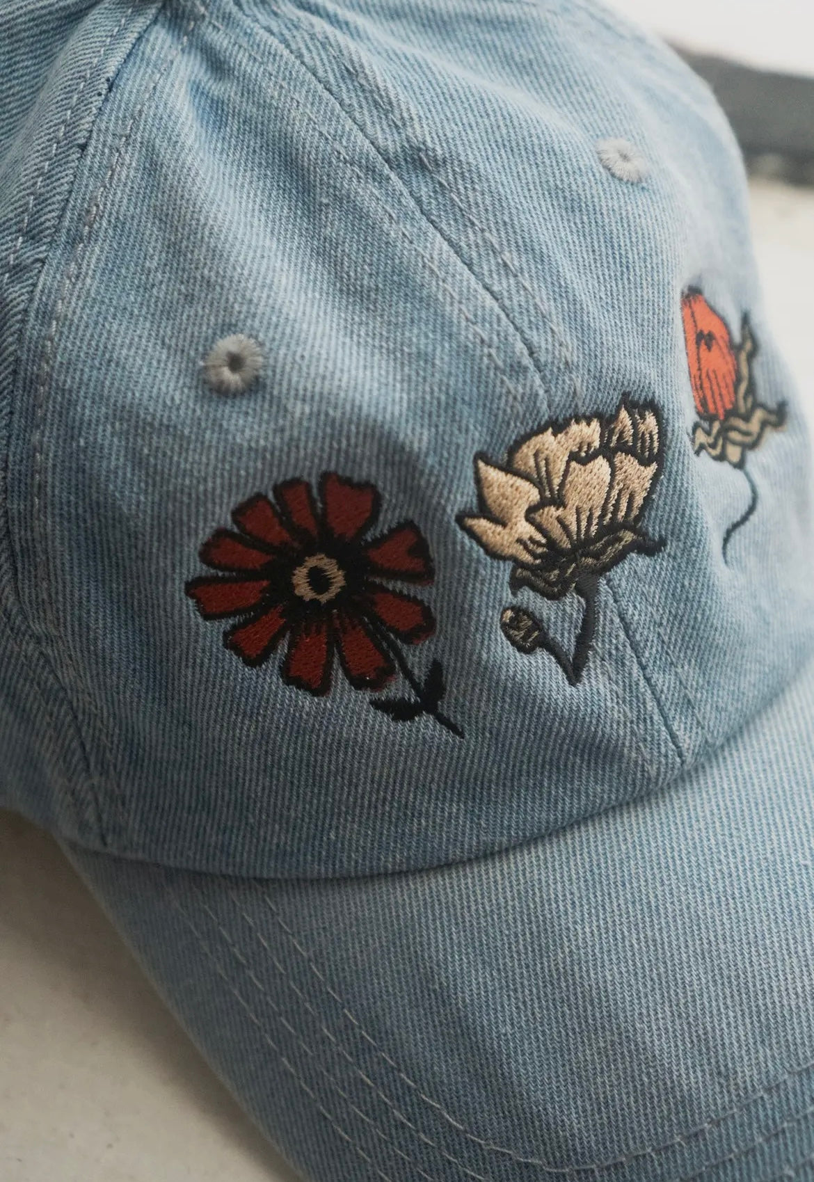 Denim Baseball Cap - Flowers