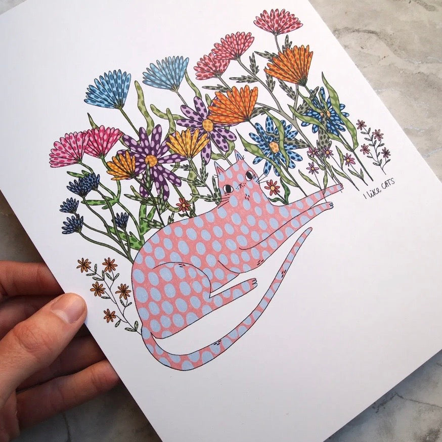 A4 Print - Cat and Flowers