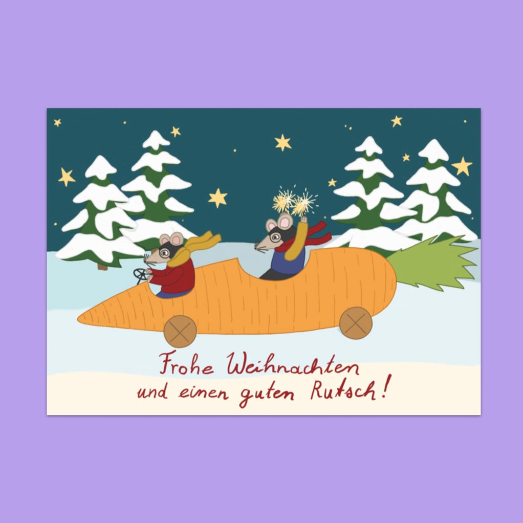 Grußkarte - Mäuse im Karottenauto