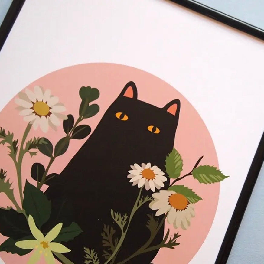 A4 Print - Black Cat in Bloom