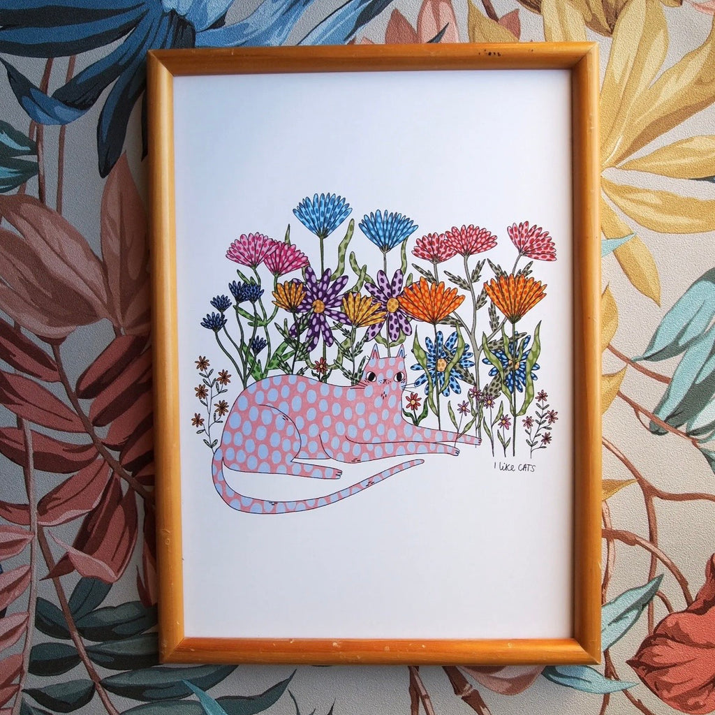 A4 Print - Cat and Flowers