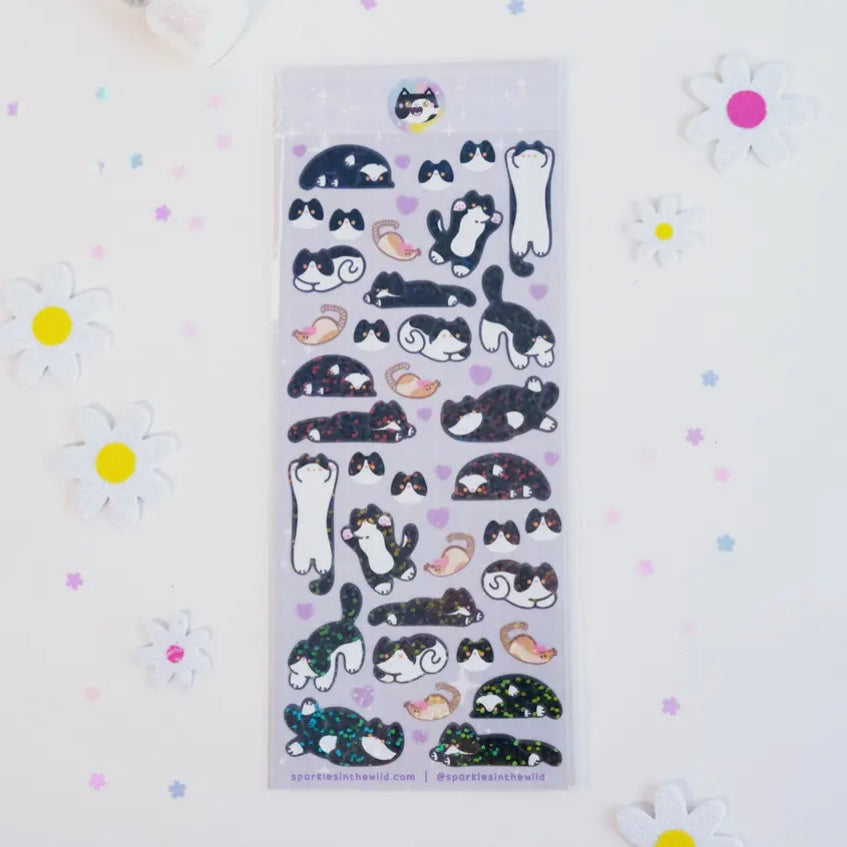 Stickerbogen - Glitzer Katzen - Tuxedo