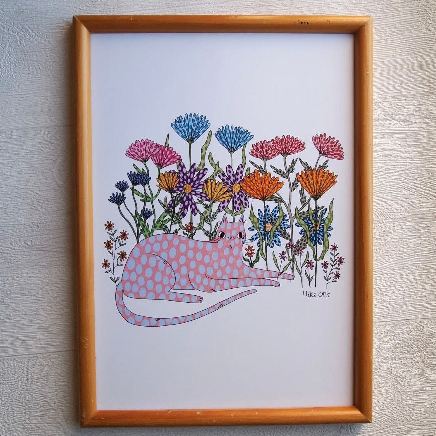 A4 Print - Cat and Flowers