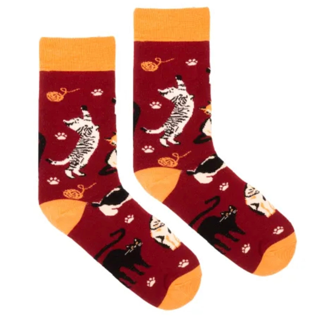 Socken - Katzen (dunkelrot)
